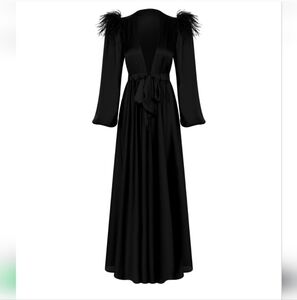 X Intima Feather Trimmed Maxi Satin Robe with Bishop Sleeves and slip